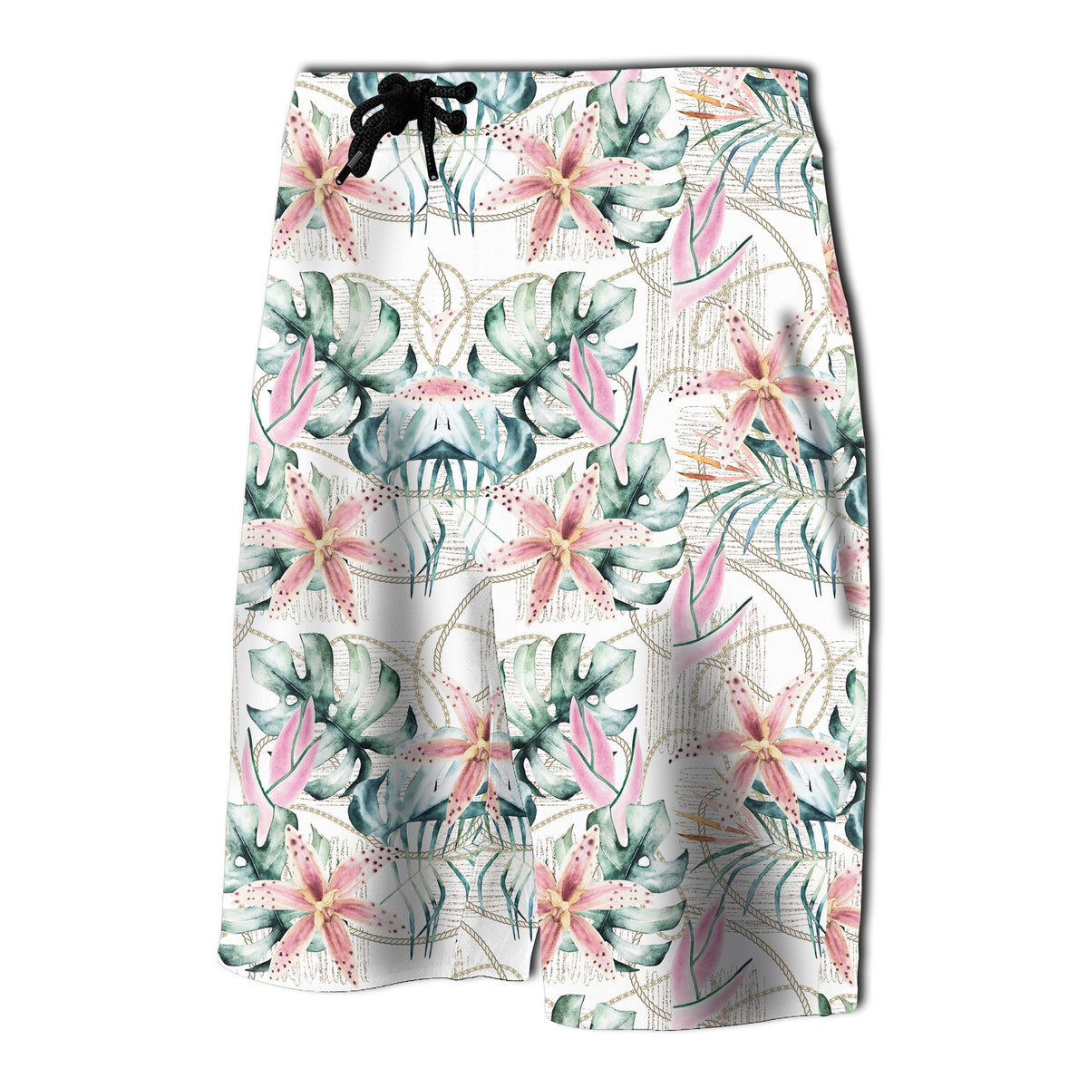 Tropical Pattern With Orchids, Leaves And Gold Cha Board Shorts - Polynesian Pride