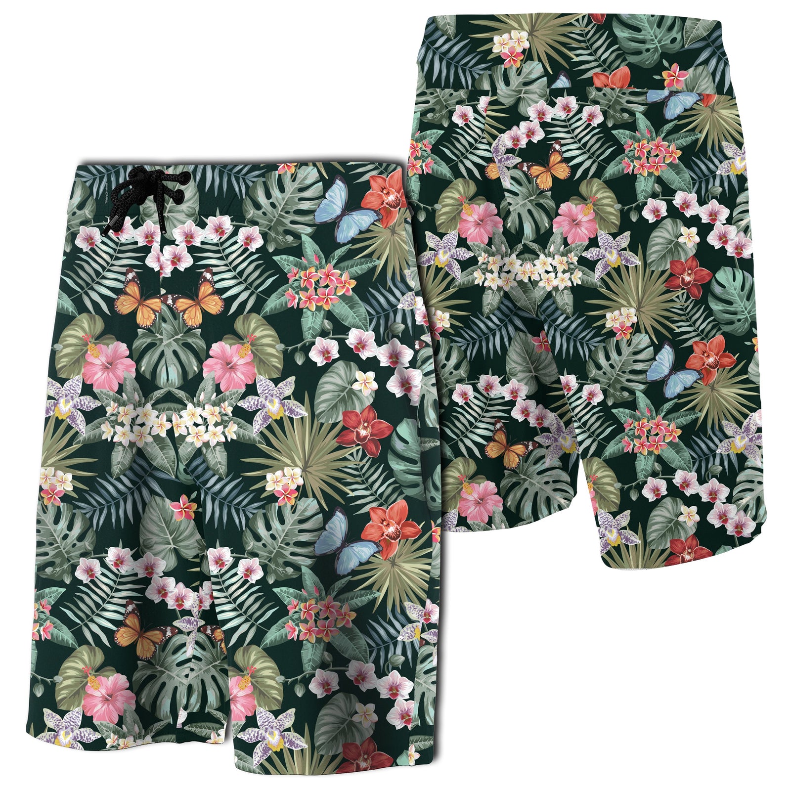 Tropical Plumeria Pattern With Palm Leaves Board Shorts Men Black - Polynesian Pride