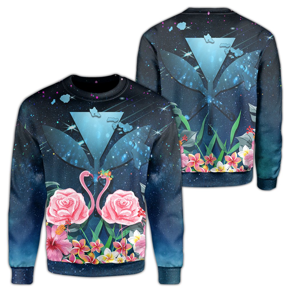 Kanaka Flamingo Couple Rose Hibiscus Plumeria Sweatshirt - Love Universe - AH Unisex Galaxy - Polynesian Pride