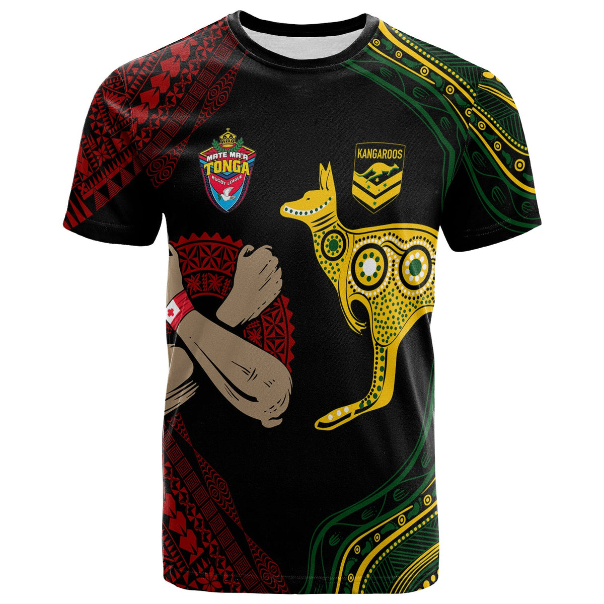 Custom Aussie Kangaroos Mix Mate Maa Tonga T Shirt Aboriginal with Kupesi LT7 Black - Polynesian Pride