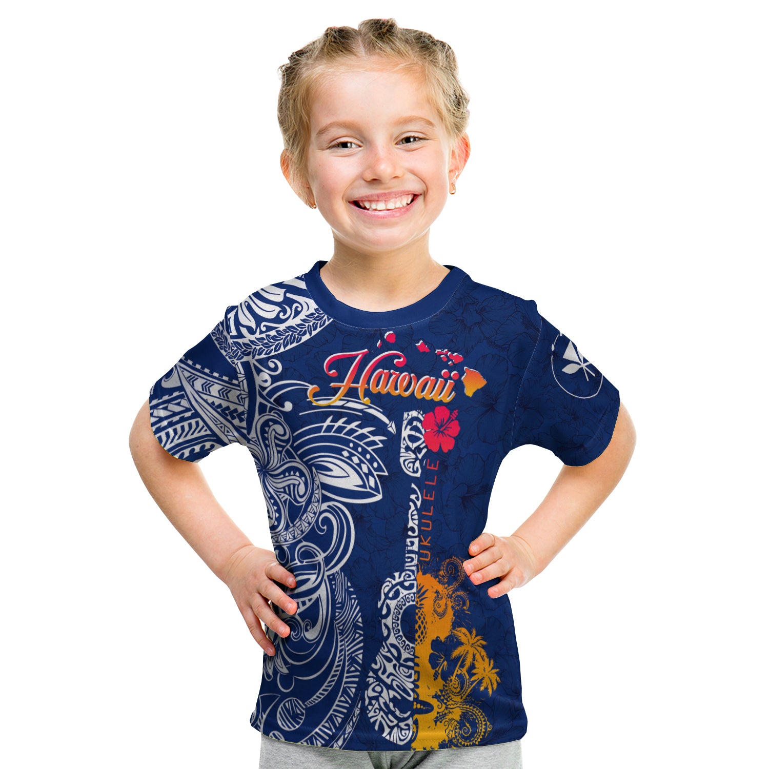 Hawaii Ukulele Unique Style Kid T Shirt Hibiscus Pattern LT7 Youth XL Size14 - Polynesian Pride