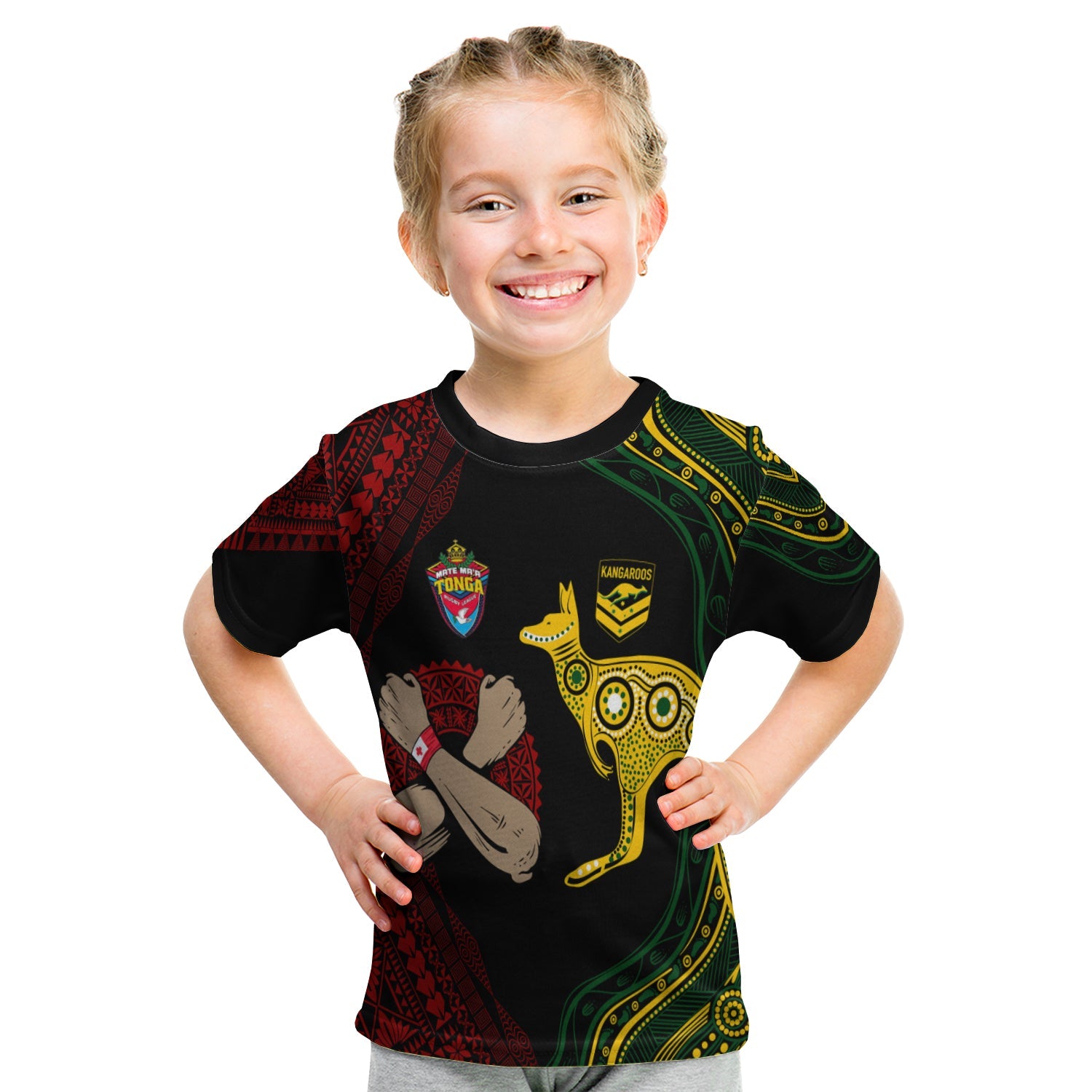 Personalised Aussie Kangaroos Mix Mate Maa Tonga T Shirt KID Aboriginal with Kupesi LT7 - Polynesian Pride