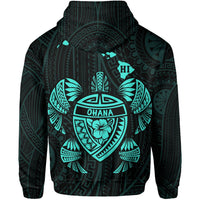 Polynesian Kakau Turtle Ohana Map of Hawaii Zip Hoodie Turquoise - Polynesian Pride