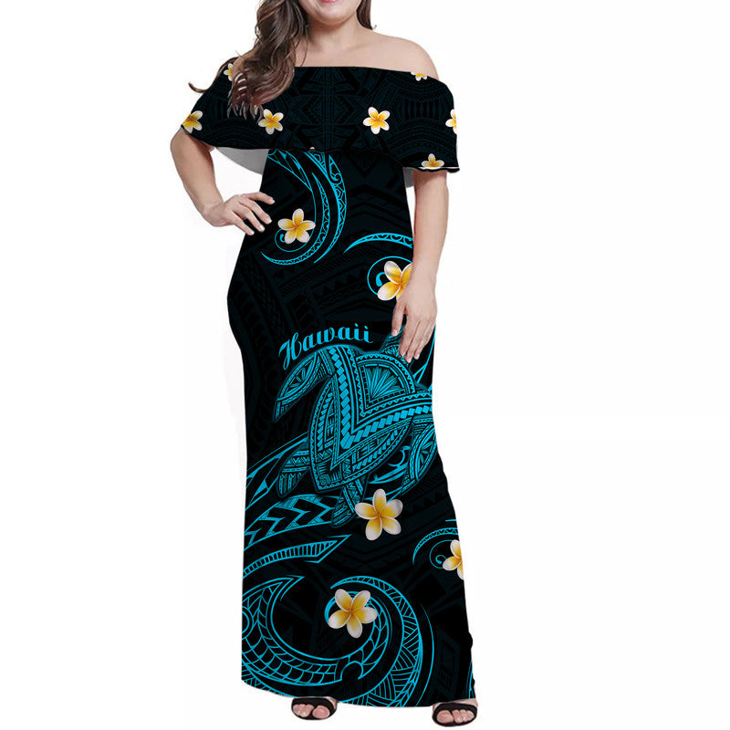 Hawaii Women Off Shoulder Long Dress Hawaiian Turtle Plumeria Mixed Po - Polynesian Pride Hawaii Women Off Shoulder Long Dress Hawaiian Turtle Plumeria Mixed Po - Polynesian Pride