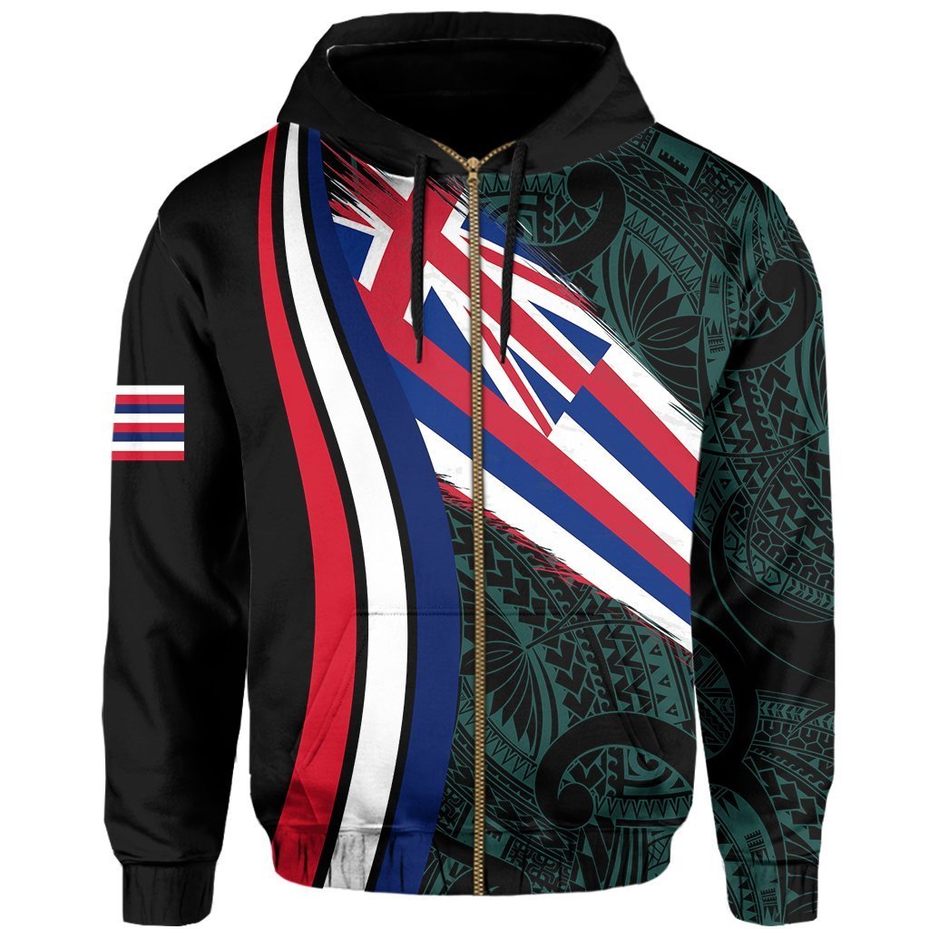 Hawaii Flag Polynesian Hoodie Zip Turquoise Ten Style - Polynesian Pride