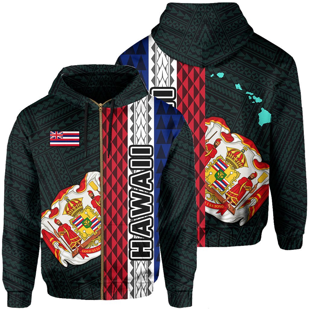 Polynesian Kakau Hawaii Flag Royal Coat of Arms Hawaii Zip Hoodie Turquoise Unisex Turquoise - Polynesian Pride