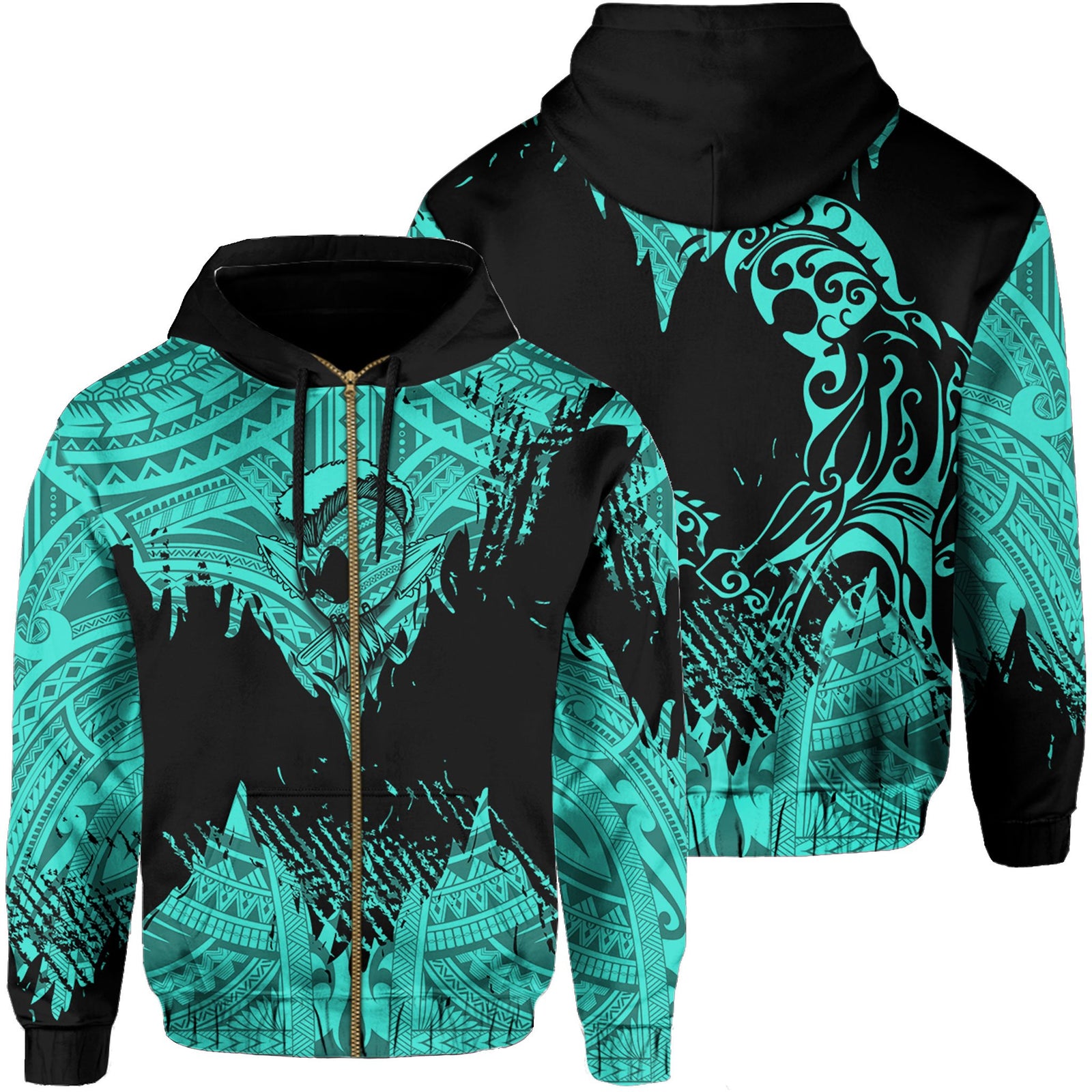 Hawaii Polynesian Hoodie Zip Warrior Ikaika Benjamin Style Turquoise Unisex Black - Polynesian Pride