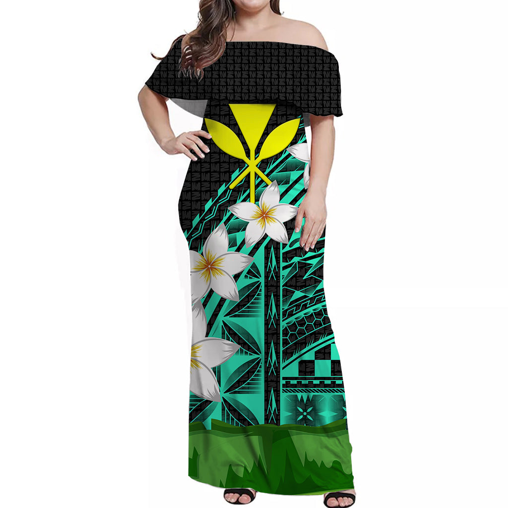 Hawaii Off Shoulder Dress - Banana Leaf With Plumeria Flowers Turquoise - LT12 Long Dress Blue - Polynesian Pride