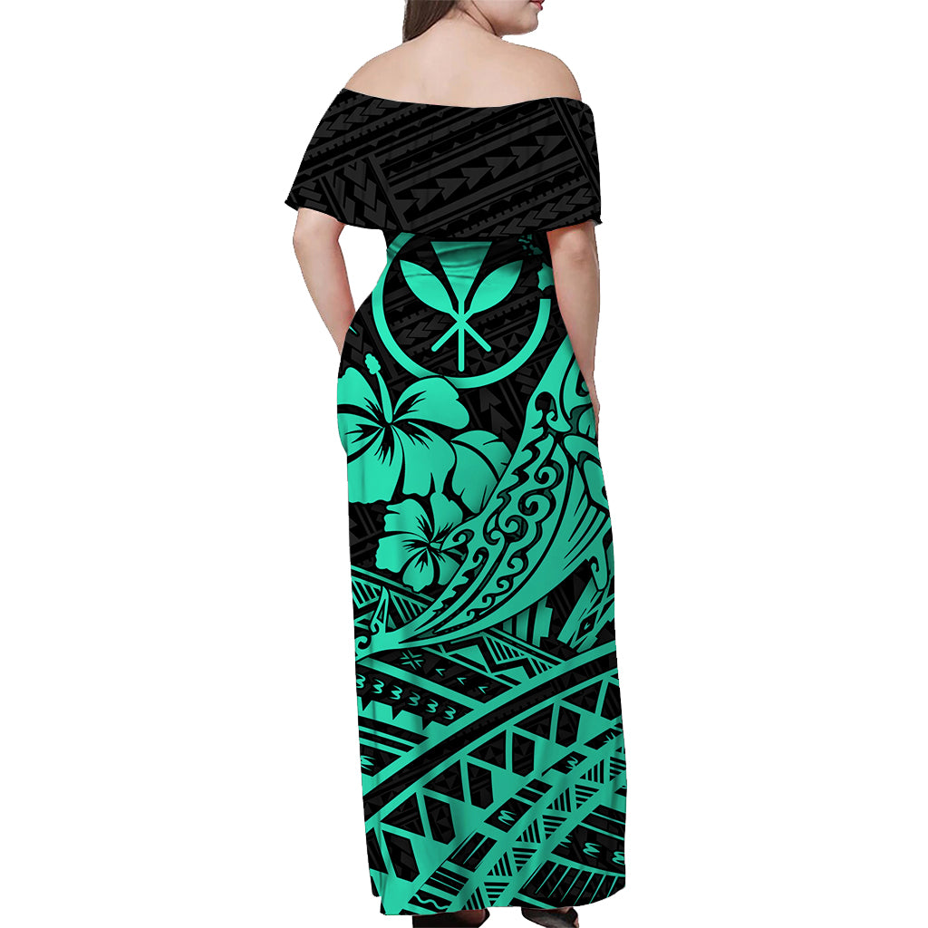 Hawaii Humpback Whale With Hibiscus Tribal Off Shoulder Dress Turquoise - LT12 - Polynesian Pride