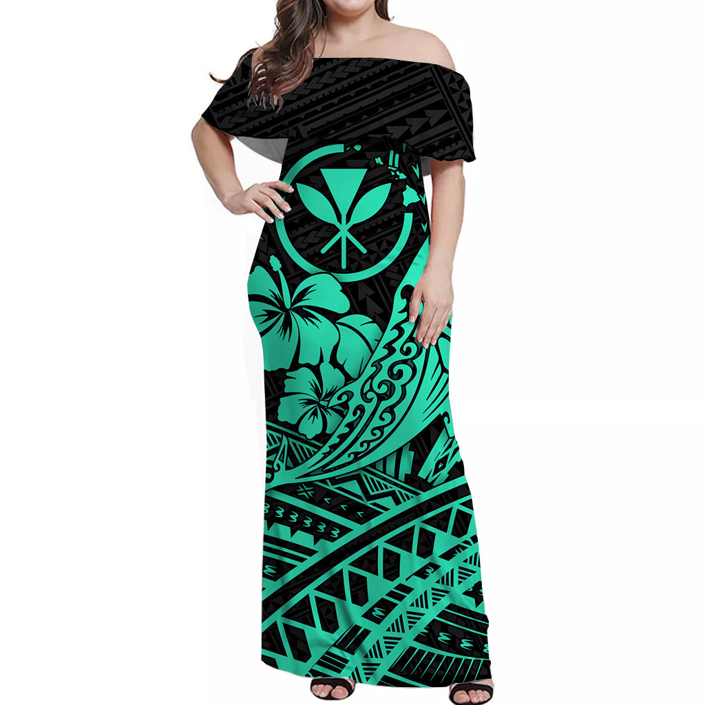 Hawaii Humpback Whale With Hibiscus Tribal Off Shoulder Dress Turquoise - LT12 Long Dress Blue - Polynesian Pride