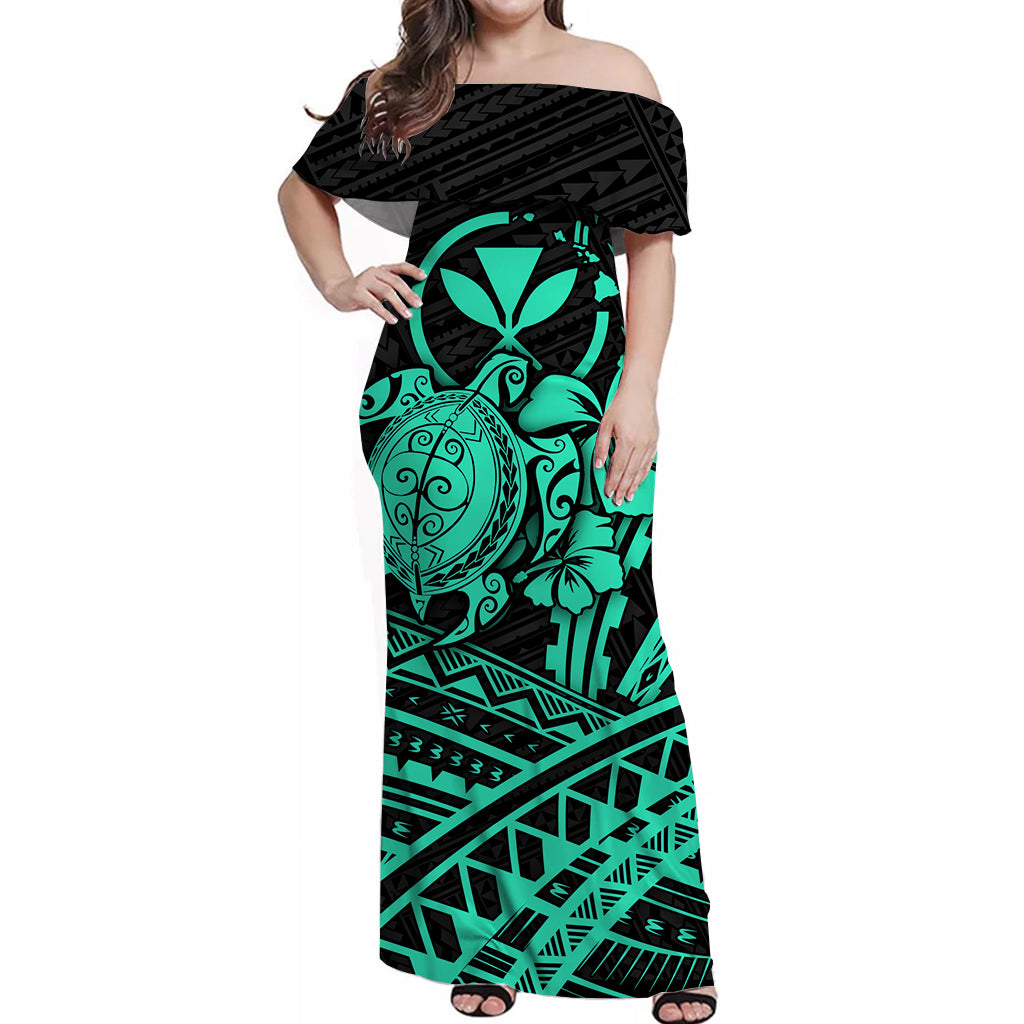 Hawaii Turtle With Hibiscus Tribal Off Shoulder Dress Turquoise - LT12 Long Dress Blue - Polynesian Pride