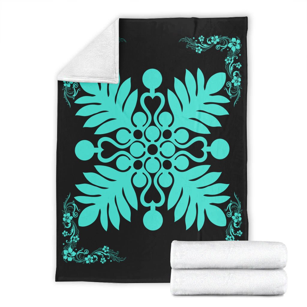 Hawaiian Quilt Maui Plant And Hibiscus Premium Blanket - Turquoise Black - AH - Polynesian Pride