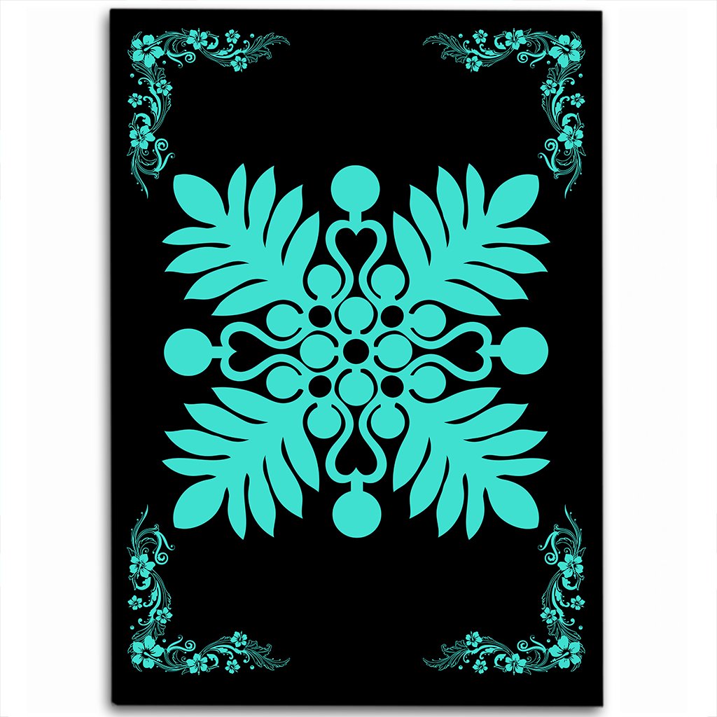 Hawaiian Quilt Maui Plant And Hibiscus Pattern Area Rug - Turquoise Black - AH Turquoise - Polynesian Pride