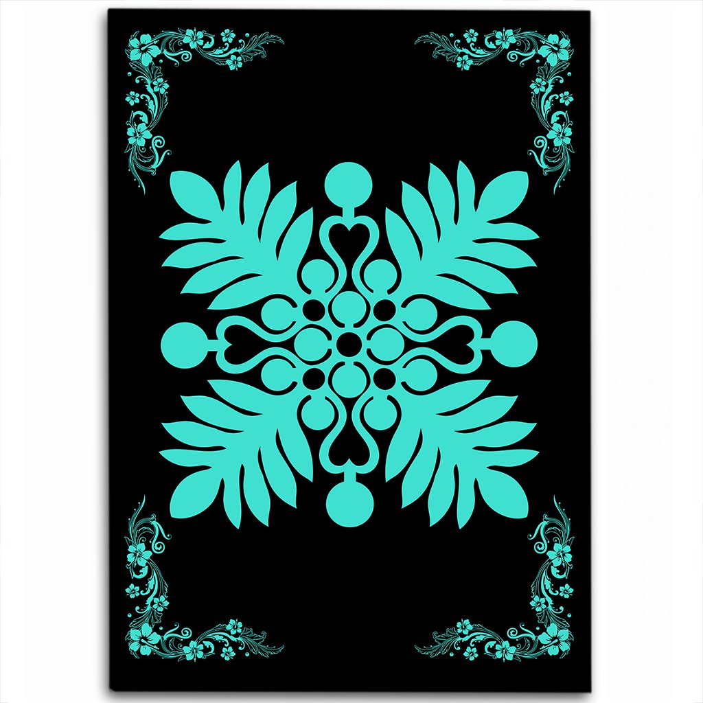 Hawaiian Quilt Maui Plant And Hibiscus Pattern Area Rug - Turquoise Black - AH Turquoise - Polynesian Pride