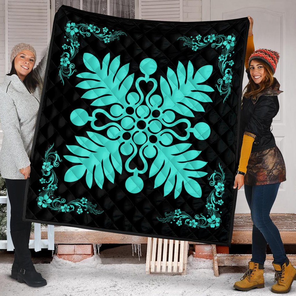 Hawaiian Quilt Maui Plant And Hibiscus Premium Quilt - Turquoise Black - AH - Polynesian Pride
