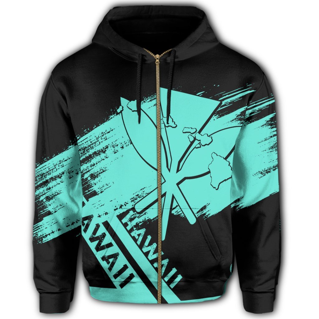 Hawaiian Map Kanaka Identifier Hoodie Zip Turquoise Brusch Style - Polynesian Pride
