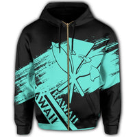Hawaiian Map Kanaka Identifier Hoodie Zip Turquoise Brusch Style - Polynesian Pride