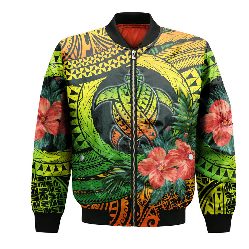 Polynesian Turtle Bomber Jacket Circle Turtle Hibiscus Reggae LT9 Unisex Reggae - Polynesian Pride