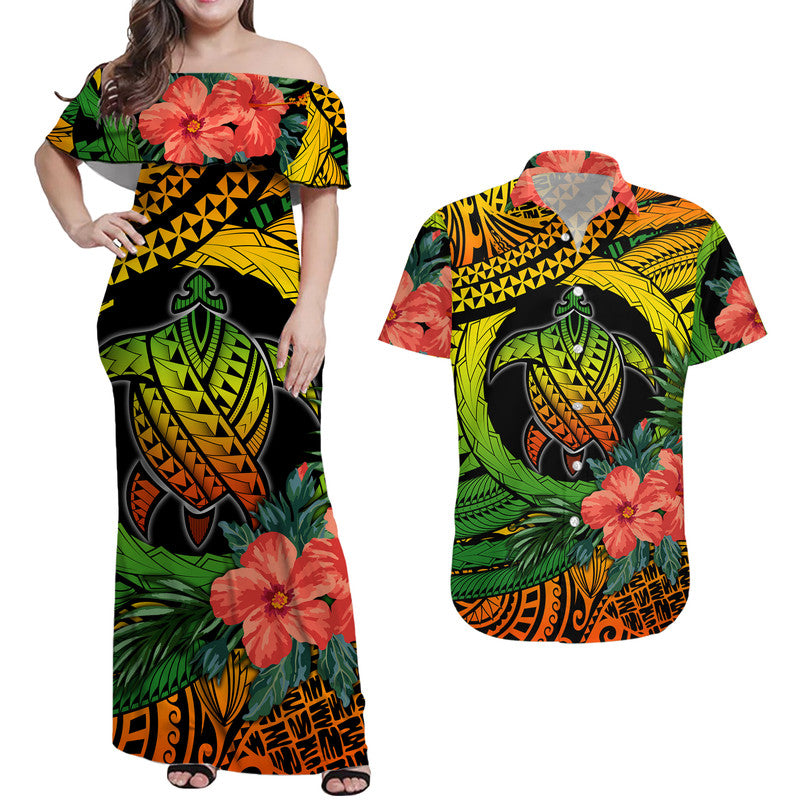 Polynesian Turtle Matching Dress and Hawaiian Shirt Circle Turtle Hibiscus Reggae LT9 Reggae - Polynesian Pride