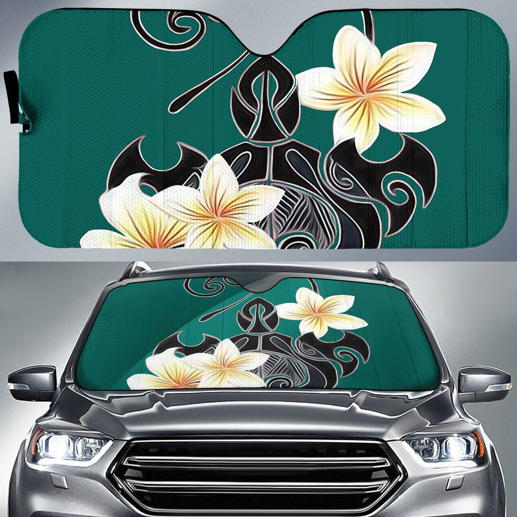 Turtle Poly Trinal Plumeria Turquoise Car Sun Shade AH Auto Sun Shade Universal Fit White - Polynesian Pride