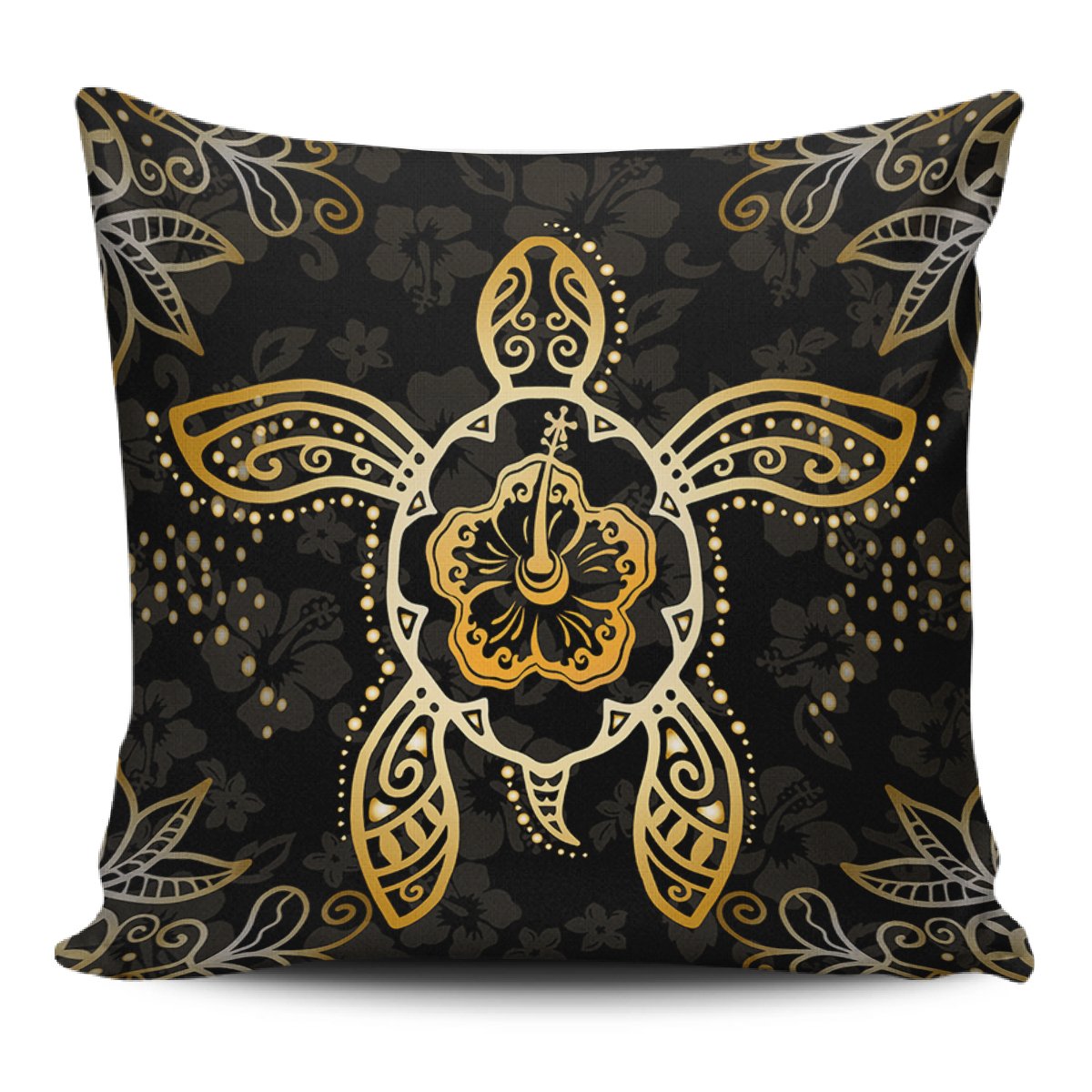 Turtle Hibiscus Yellow Pillow Covers One Size Zippered Pillow Case 18"x18"(Twin Sides) Black - Polynesian Pride