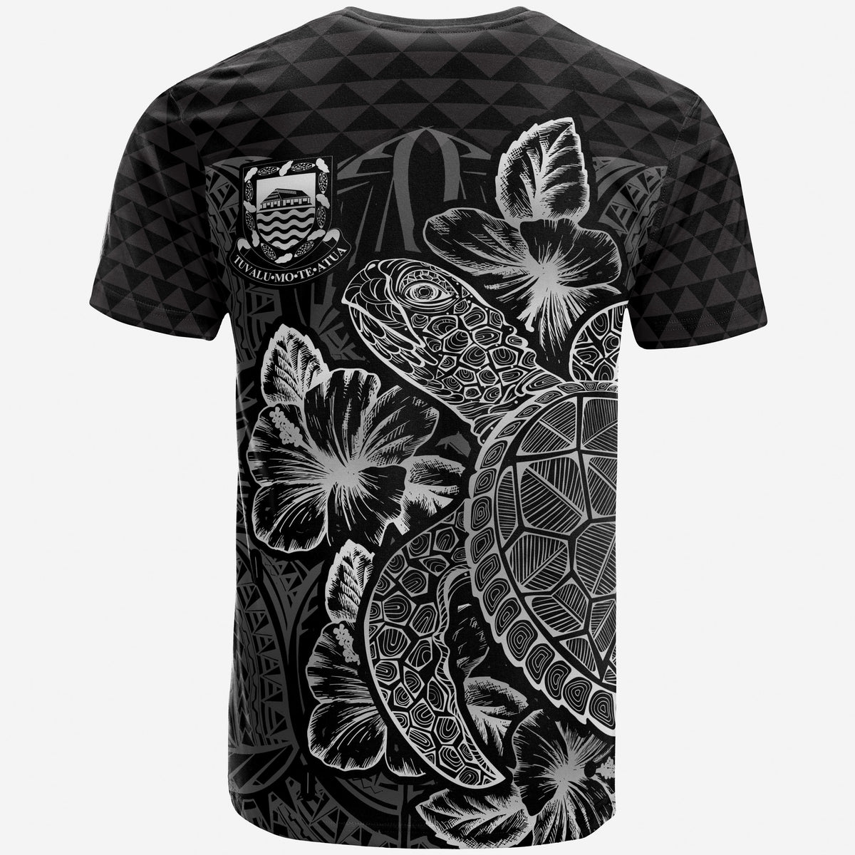 Tuvalu T Shirt Tuvaluan Coat of Arms Turtle Hibiscus Black - Polynesian Pride