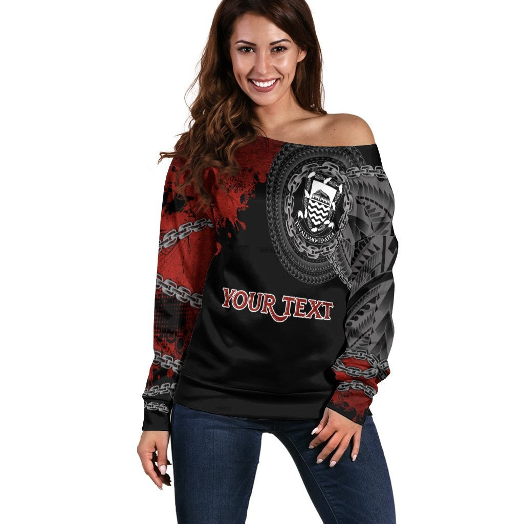 Tuvalu Polynesian Personalised Women's Off Shoulder Sweater - Polynesian Chain Style Black - Polynesian Pride