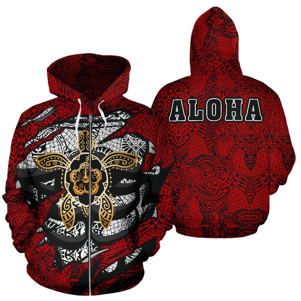 Aloha Turtle Hibiscus Polynesian Zip up Hoodie Unisex Red - Polynesian Pride