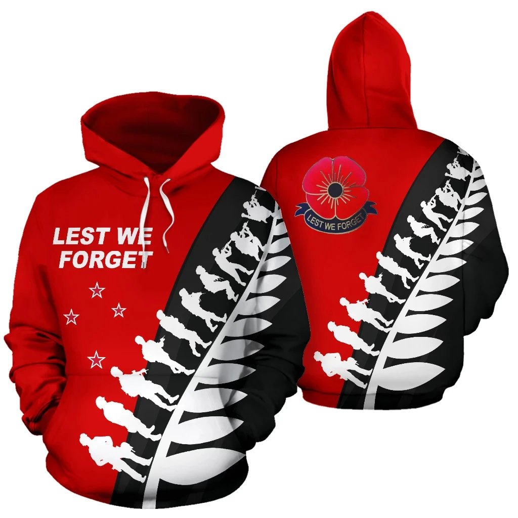 New Zealand ANZAC Fern Hoodie, Poppies Lest We Forget Maori Pullover Hoodie Unisex Red - Polynesian Pride