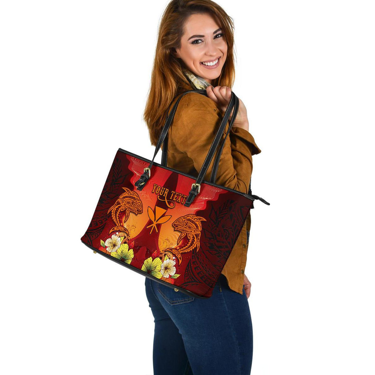 Hawaii Custom Personalised Large Leather Totes - Tribal Tuna Fish - Polynesian Pride