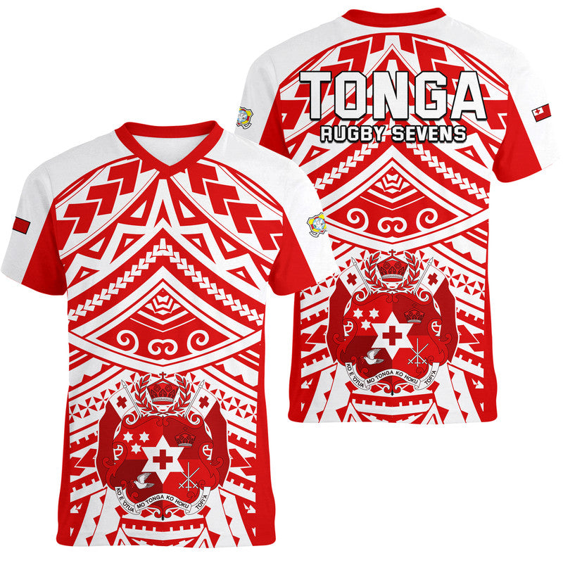 Tonga Rugby Sevens V-Neck T Shirt Coat of Arms Tribal Polynesian Pattern LT9 - Polynesian Pride