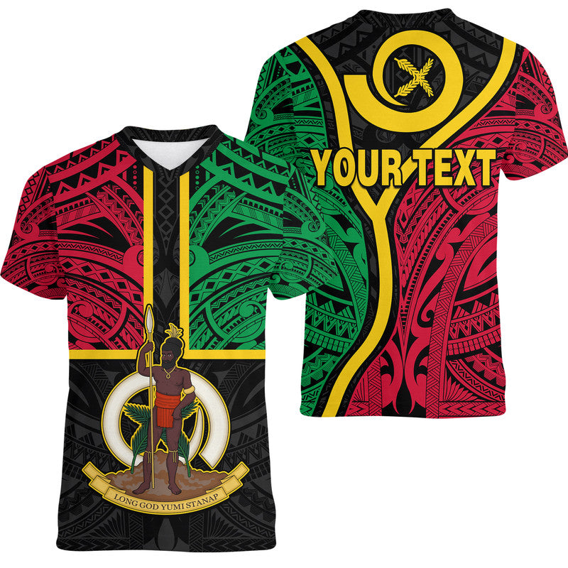 (Custom Personalised) Vanuatu V-Neck T Shirt Tribal Vanuatu Coat Of Arms Flag Style LT9 - Polynesian Pride