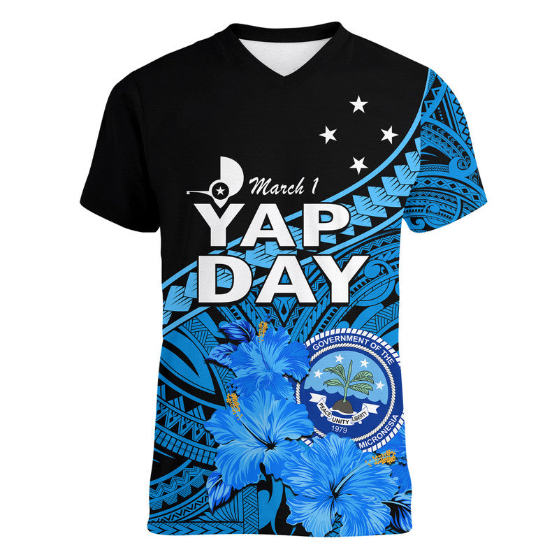 Yap State Day V-NECK T Shirt Yap Flag and FSM Seal LT9 Female Blue - Polynesian Pride