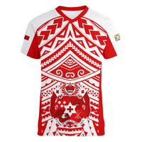 (Custom Text And Number) Tonga Rugby Sevens V-Neck T Shirt Coat of Arms Tribal Polynesian Pattern LT9 Female Red - Polynesian Pride