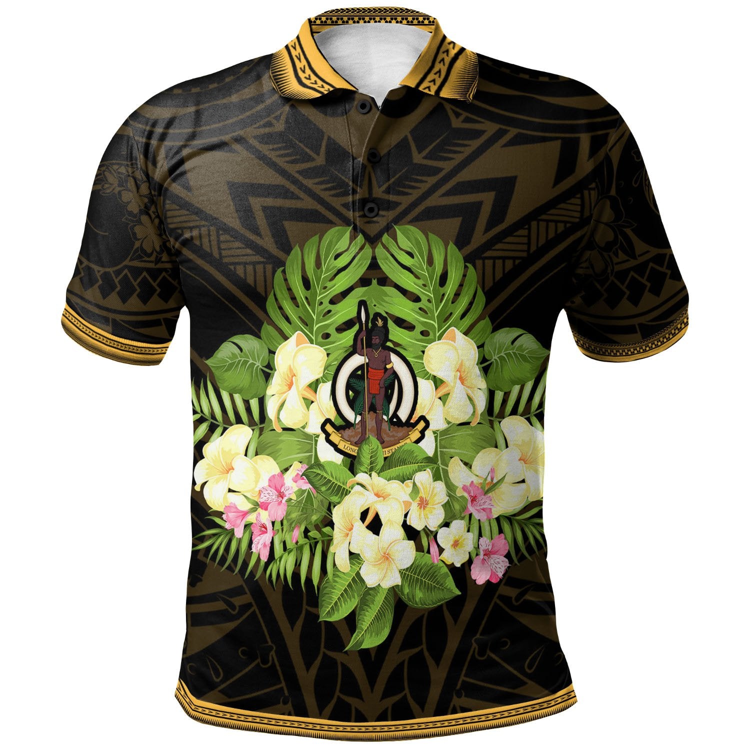 Vanuatu Polo Shirt Polynesian Gold Patterns Collection Unisex Black - Polynesian Pride