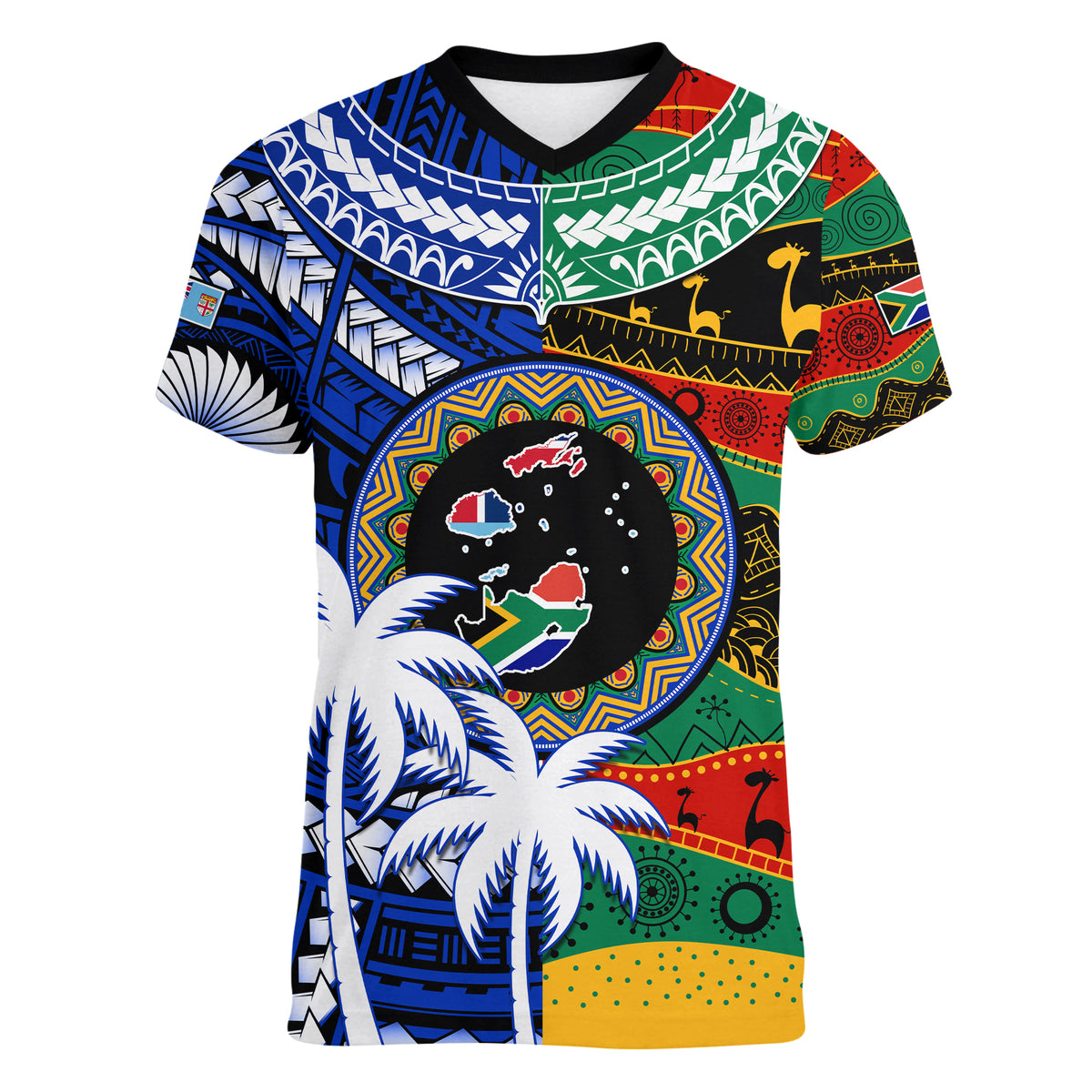 Indigenous South Africa Mixed Fiji Palm Tapa V-Neck T Shirt LT9 Female Blue - Polynesian Pride
