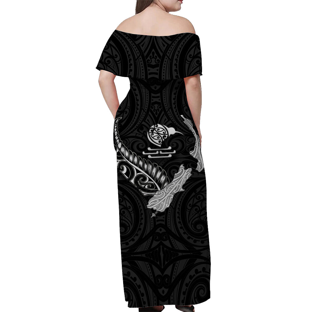 New Zealand Maori Off Shoulder Long Dress Heart of Silver Fern Map and Kiwi Black LT13 - Polynesian Pride