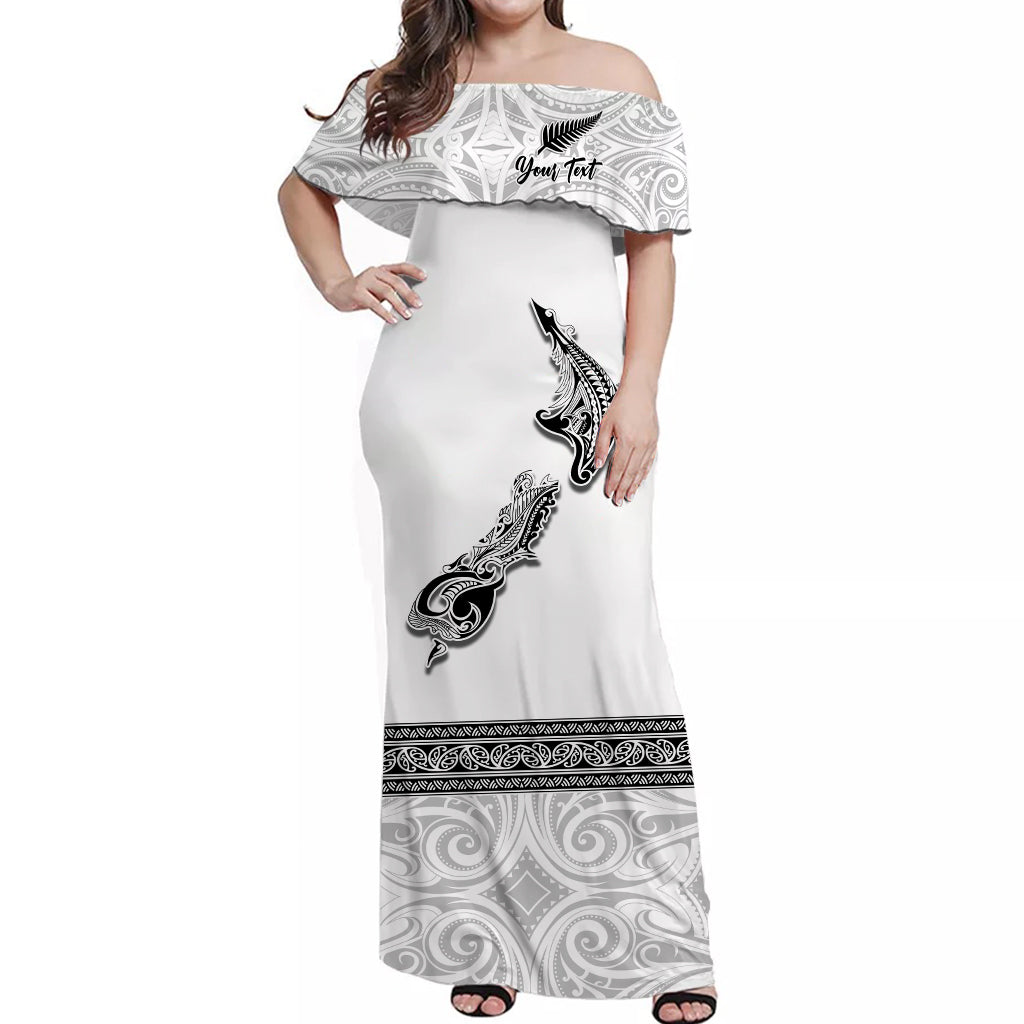 (Custom Personalised) New Zealand Off Shoulder Long Dress Maori Fern and Map White LT13 Women White - Polynesian Pride