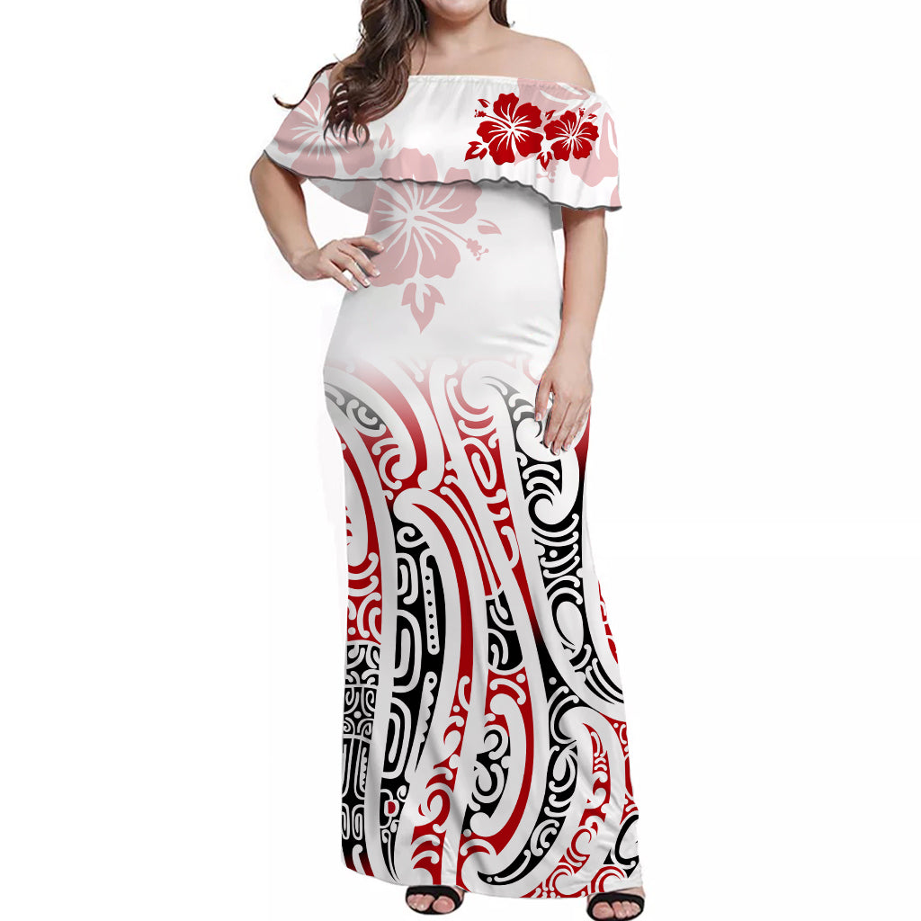 New Zealand Off Shoulder Long Dress Maori with Hibiscus LT13 Women White - Polynesian Pride