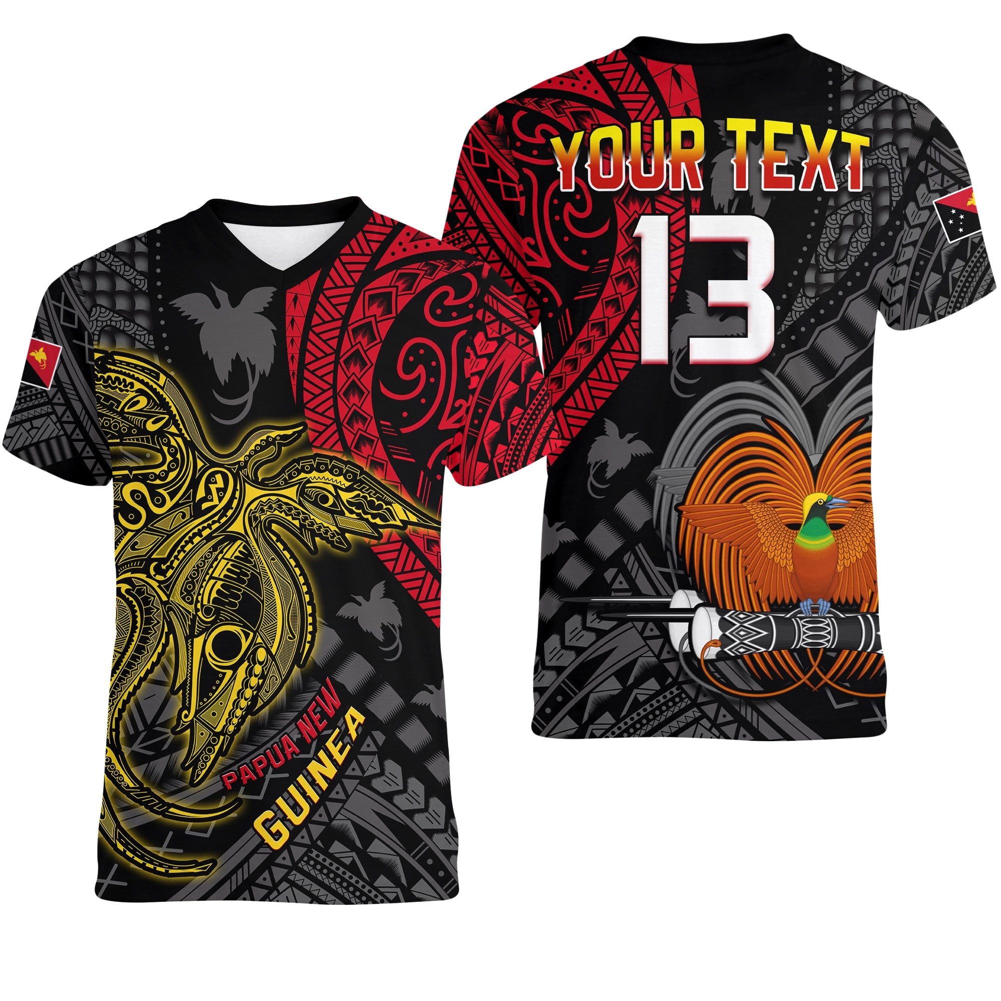 (Custom Text and Number) Papua New Guinea V Neck T Shirt Raggiana Birds of Paradise Happy 47th Independence Day LT13 Black - Polynesian Pride