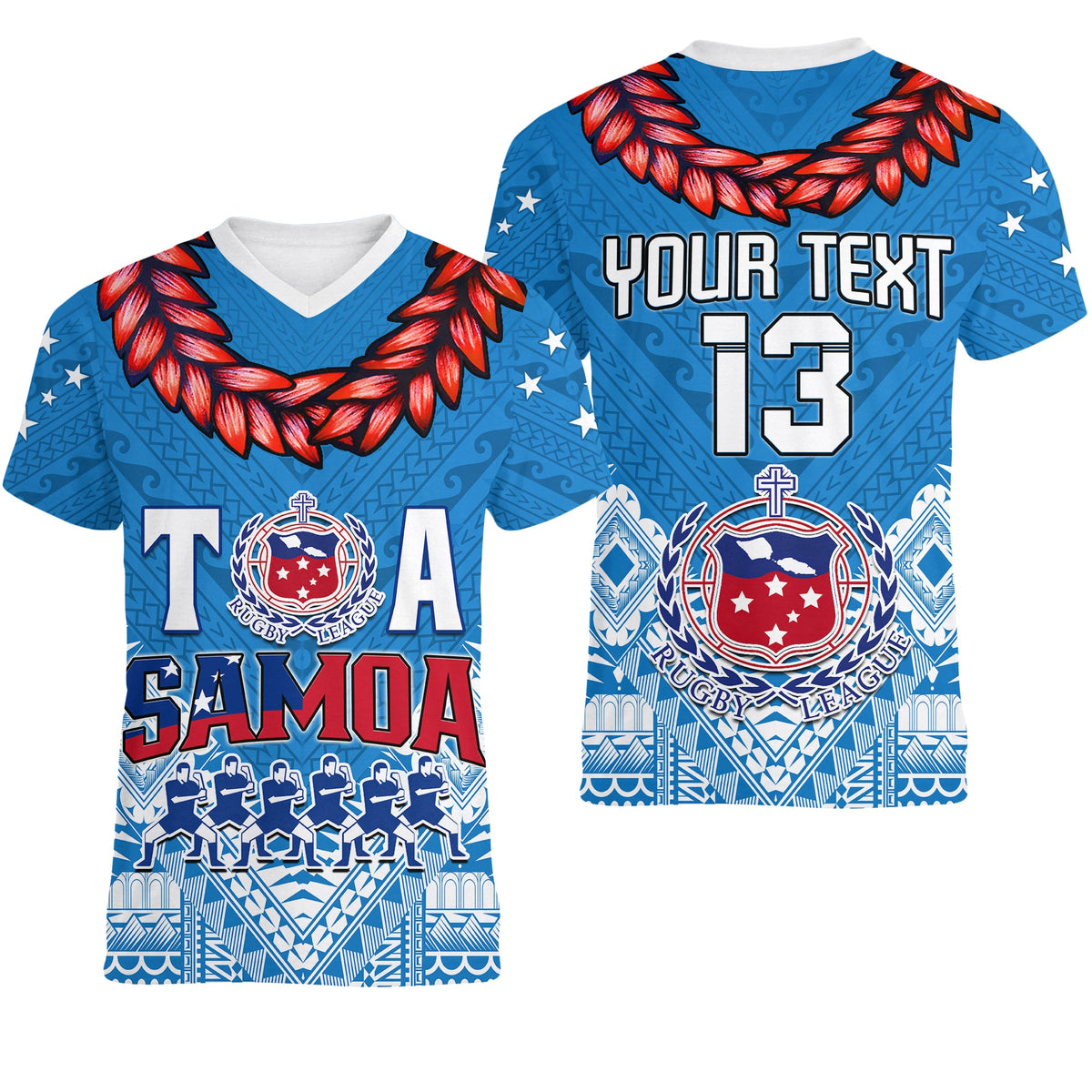 (Custom Personalise Text and Number) Toa Samoa Rugby V-Neck T Shirt Manu Siva Tau Style Ulafala LT13 Female Blue - Polynesian Pride