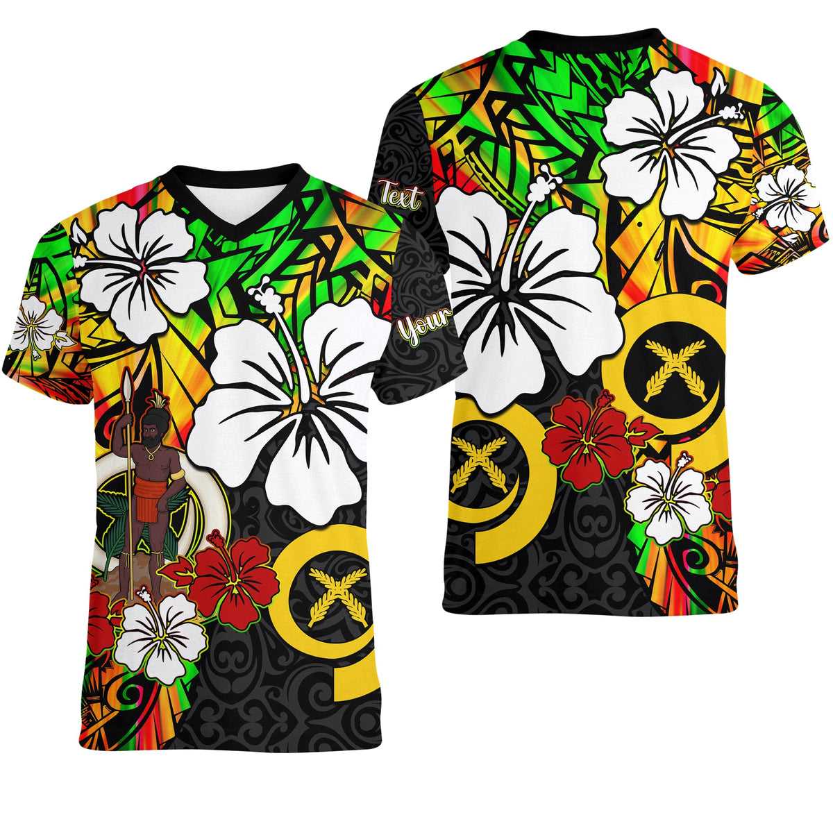 Custom Vanuatu V Neck T Shirt Polynesia Tie Dye Hibiscus Flowers LT13 Art - Polynesian Pride
