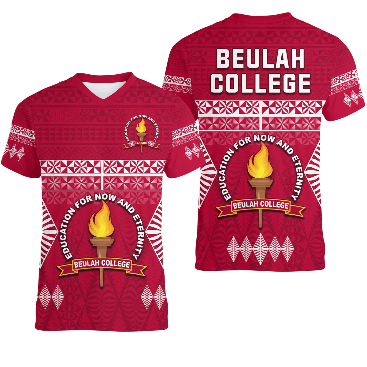 Beulah College V - Neck T Shirt Ngatu Pattern Tonga LT13 Maroon - Polynesian Pride
