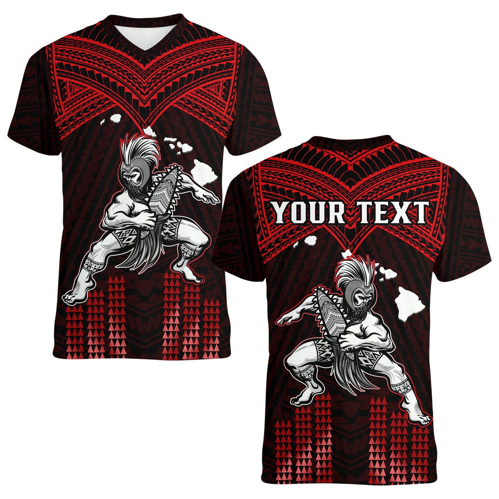 (Custom Personalised) Hawaii V-Neck T Shirt Hawaiian Warrior With Weapon Polynesian Ver.05 LT14 Female Red - Polynesian Pride