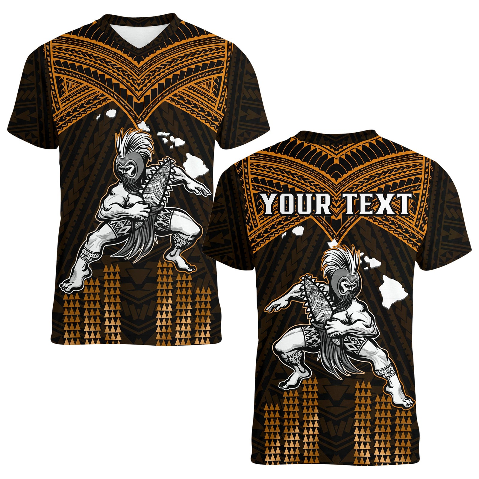 (Custom Personalised) Hawaii V-Neck T Shirt Hawaiian Warrior With Weapon Polynesian Ver.07 LT14 Female Gold - Polynesian Pride