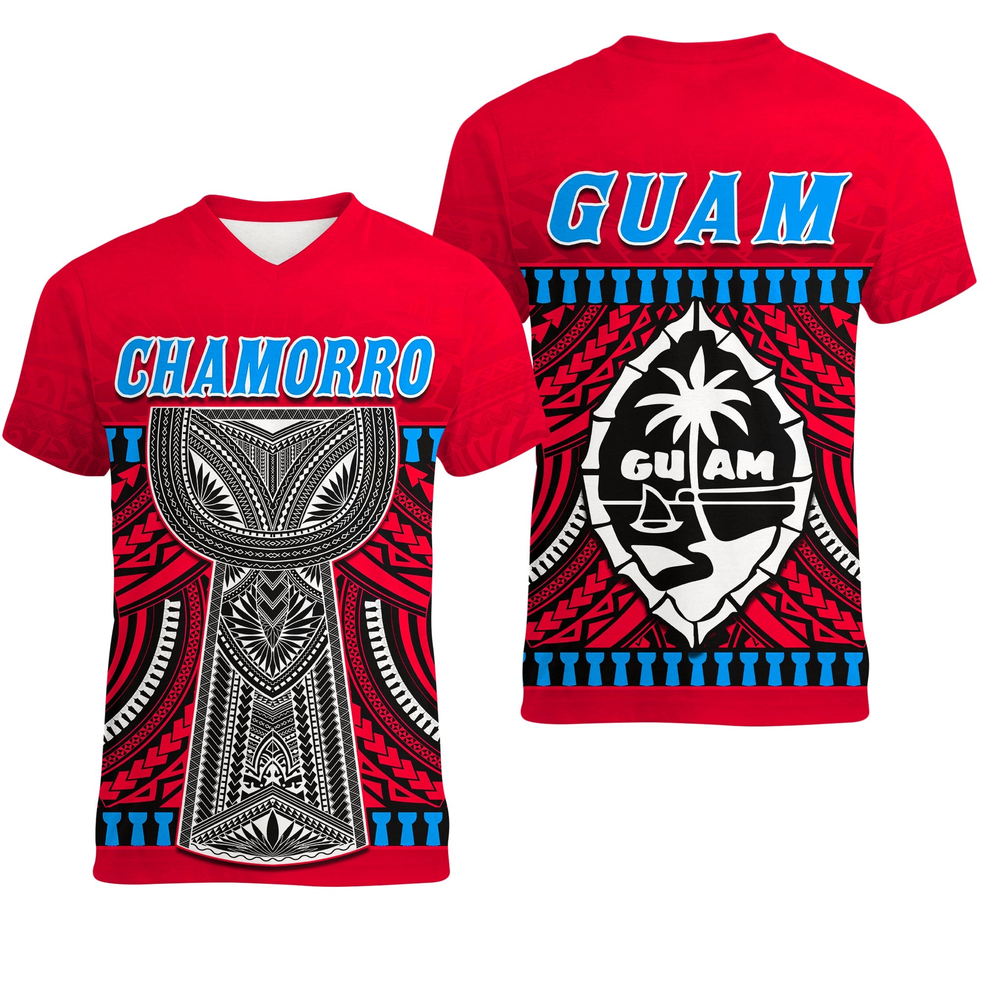 Guam Chamorro V neck T Shirt Latte Stone Red Polynesian Haligi LT13 Red - Polynesian Pride