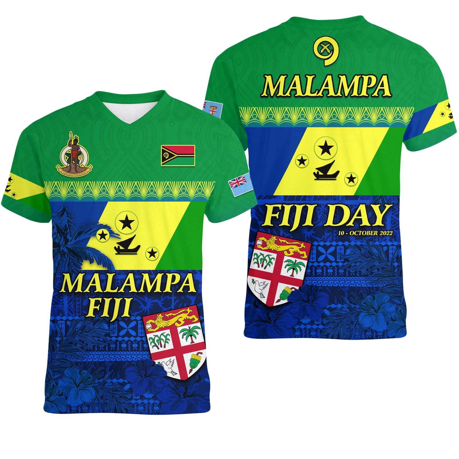 Malampa Fiji Day V Neck T Shirt Vanuatu Polynesia mix Flowers LT13 Green - Polynesian Pride