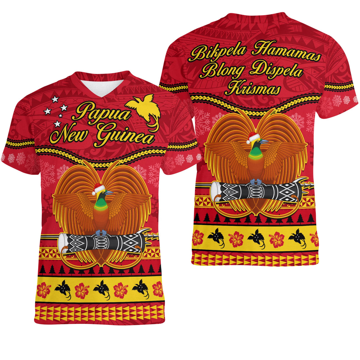 Papua New Guinea Christmas V-Neck T Shirt Bird Of Paradise Bikpela Hamamas Blong Dispela Krismas LT14 Female Red - Polynesian Pride