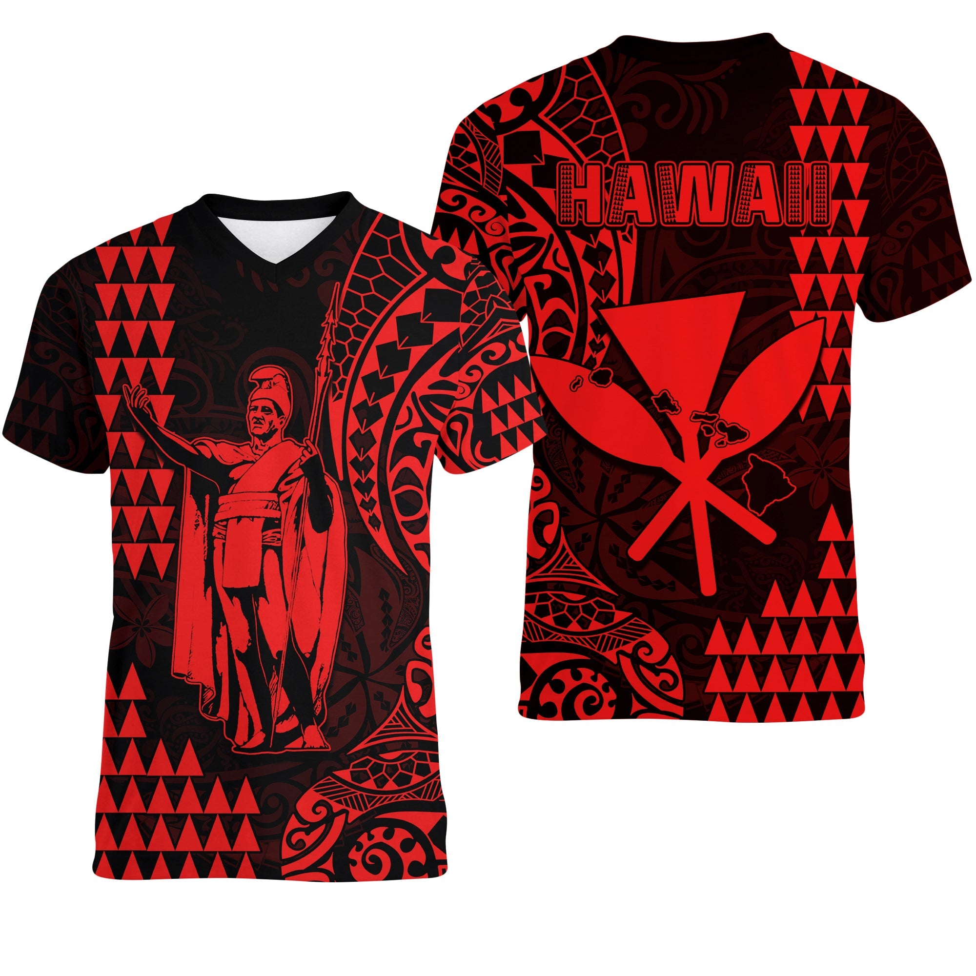 Hawaii Day Kakau V-Neck T Shirt Proud To Be Hawaiian Red King Kamehameha and Kanaka Maoli LT13 Female Red - Polynesian Pride