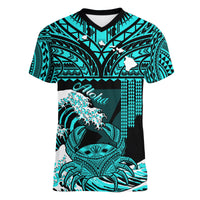 (Custom Personalised) Hawaii V-Neck T Shirt Kakau Polynesian Crab With Waves Ver.01 LT14 Female Turquoise - Polynesian Pride